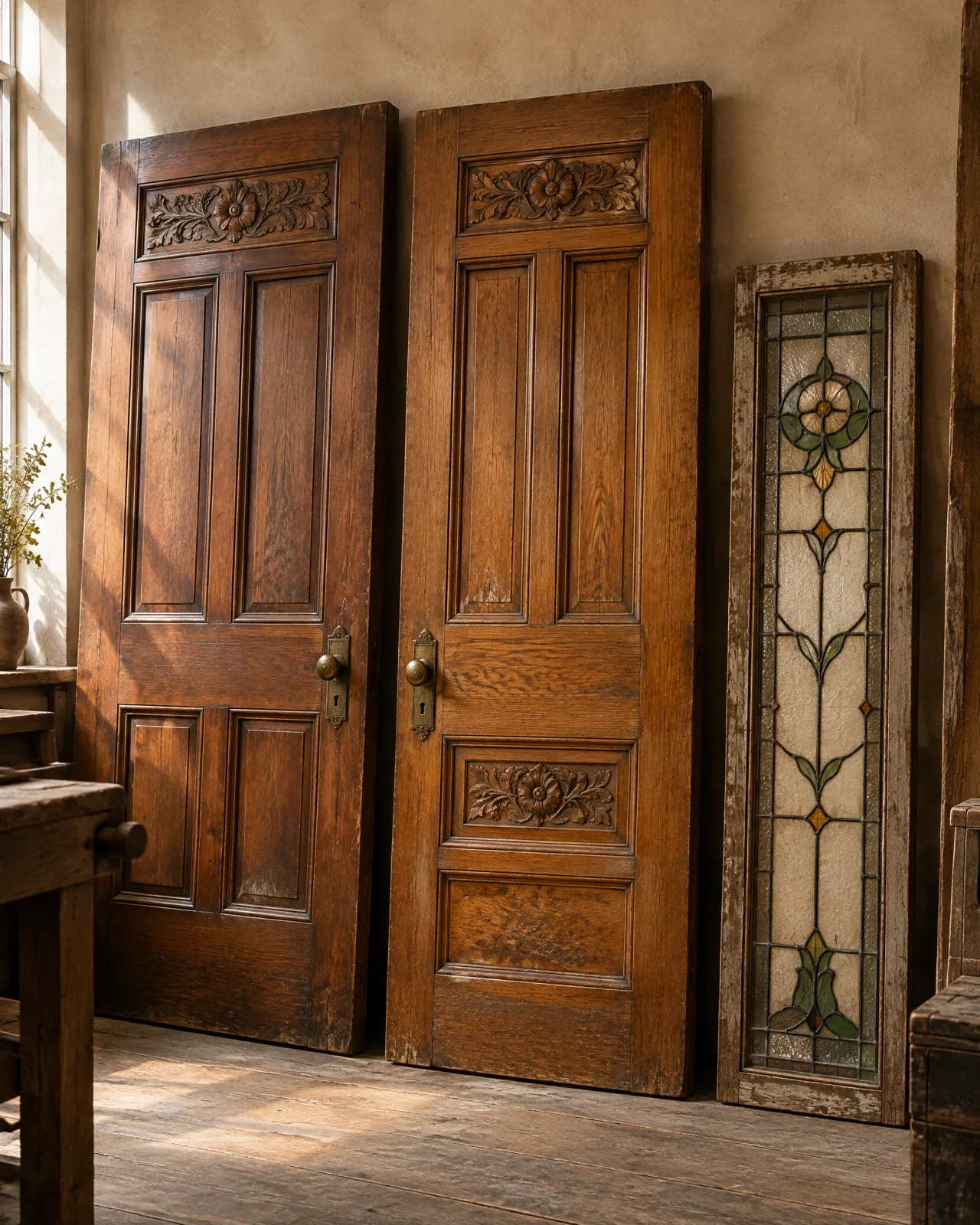 Illustrative antique oak doors and a leaded stained-glass window