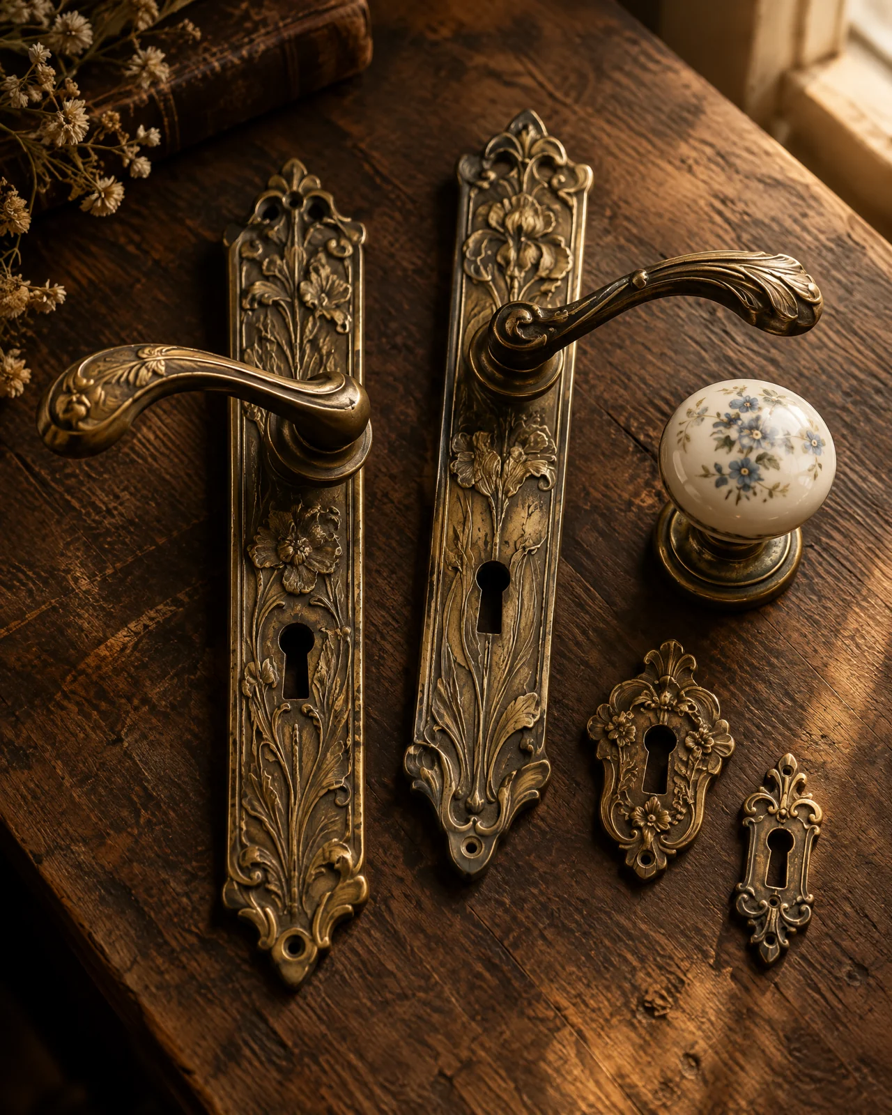 Illustrative ornate antique brass handles and porcelain door hardware