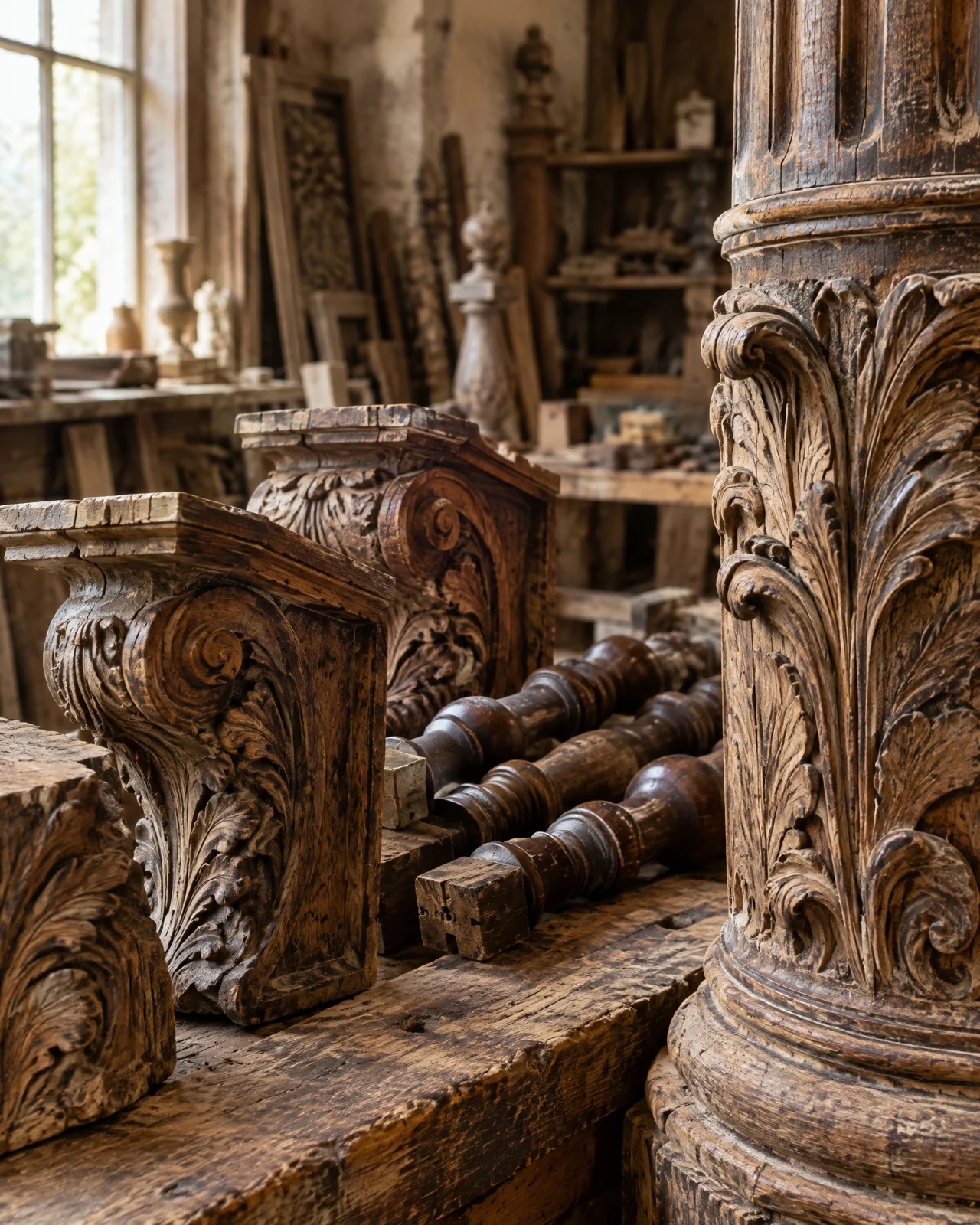 Illustrative carved Victorian corbels and turned wooden balusters